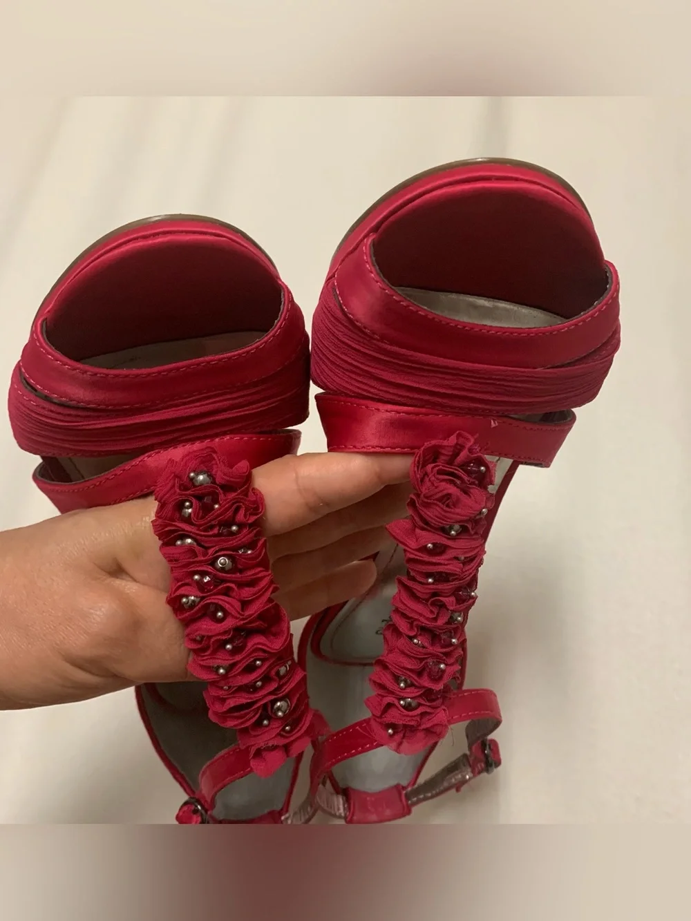 Style & Co Raspberry Pink Satin Ruffle T-Strap Heeled Dress Sandals Women's Sz 8